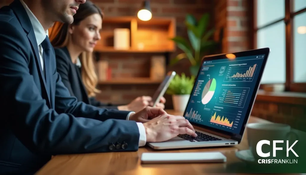 Dois profissionais trabalhando em laptops, analisando dados com gráficos e tabelas exibidos na tela. Ambiente de escritório com iluminação quente e prateleiras de madeira ao fundo.