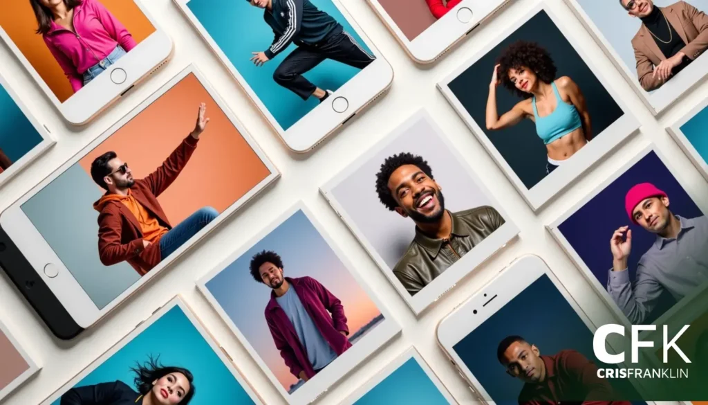 Vários smartphones exibem retratos diversos de homens e mulheres em diferentes poses e expressões contra fundos coloridos.