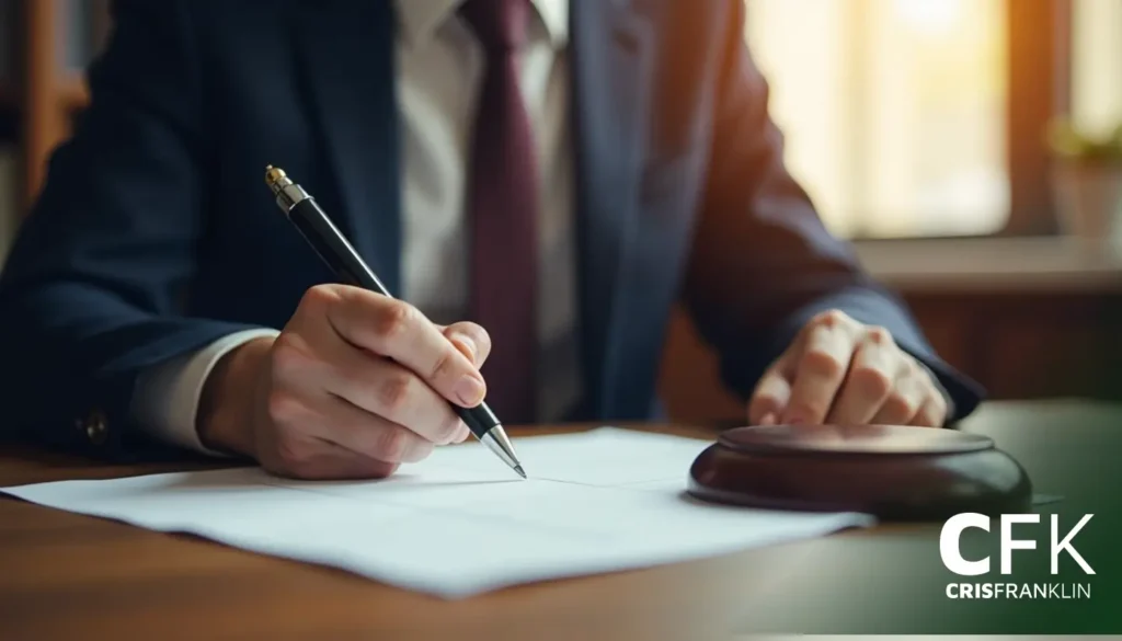 Uma pessoa de terno escreve em documentos em uma mesa com um martelo ao lado.