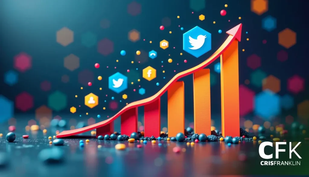 Um gráfico ascendente colorido com ícones de mídia social flutuando acima, incluindo logotipos do Twitter, LinkedIn e Facebook.