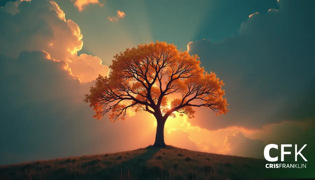 Uma árvore solitária com folhas alaranjadas se destaca contra um vibrante céu de pôr do sol, com raios de sol aparecendo através das nuvens.