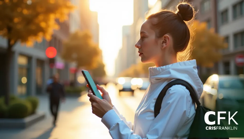 Uma pessoa de jaqueta branca usa um smartphone enquanto está em uma rua da cidade durante o pôr do sol.
