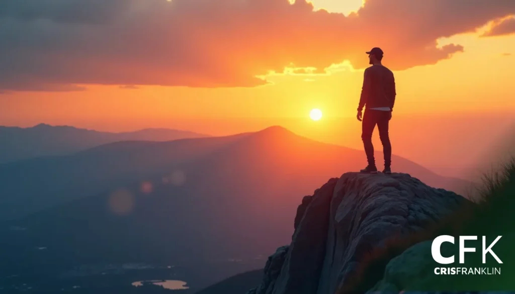 Silhueta de uma pessoa em pé no pico de uma montanha ao pôr do sol, com vista para uma paisagem com colinas distantes.