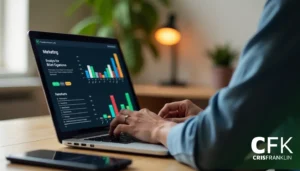 Pessoa digitando em um laptop exibindo análises de marketing e gráficos de barras coloridos. Um smartphone está sobre a mesa, e uma planta está desfocada no fundo.