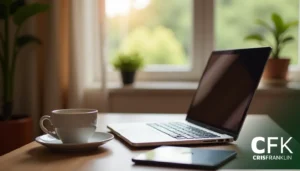 Laptop aberto e smartphone em uma mesa de madeira, ao lado de uma xícara e pires. Uma janela com plantas fornece luz natural ao fundo.