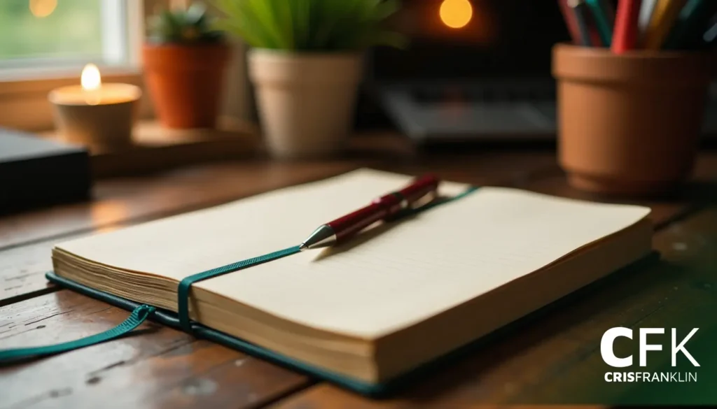Caderno aberto com uma caneta em cima, colocado sobre uma mesa de madeira perto de uma janela. Plantas e uma vela acesa estão ao fundo.
