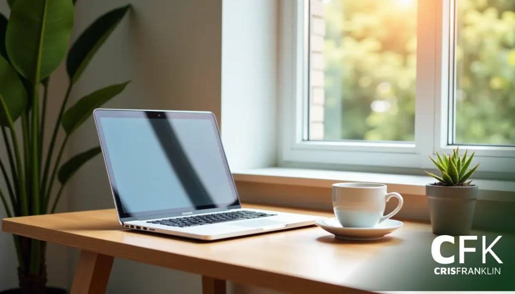 Um laptop, uma xícara branca em um pires e uma pequena planta estão sobre uma mesa de madeira perto de uma janela com a luz do sol entrando. Grandes folhas verdes são visíveis à esquerda. O texto "CFK" está no canto.