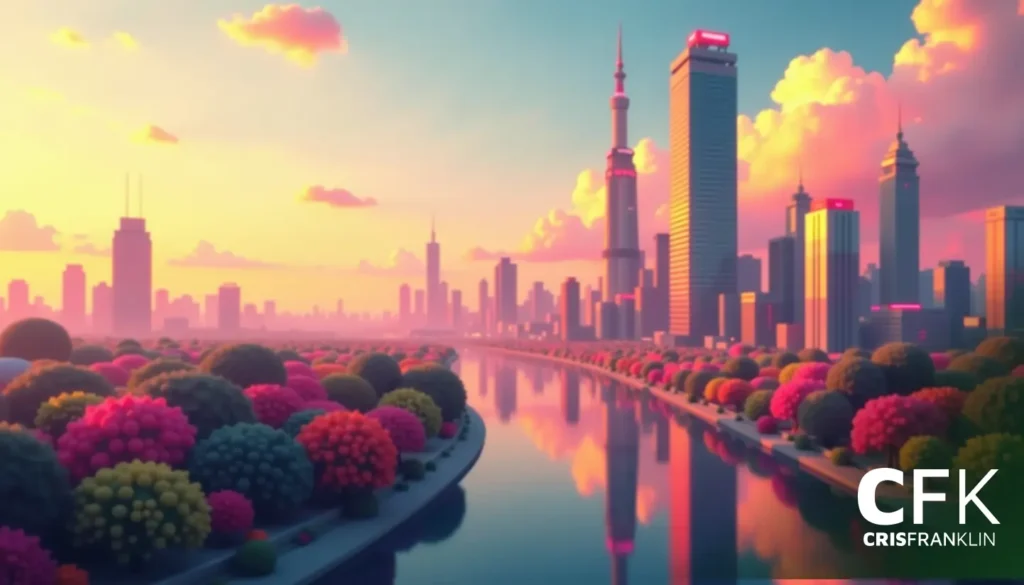 Horizonte futurista de cidade com prédios altos e um rio refletindo o céu colorido no pôr do sol. Árvores com folhagens vibrantes alinham-se à beira da água.