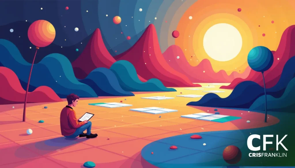 Uma pessoa sentada com um tablet em uma paisagem colorida e surreal com montanhas, planetas e um sol poente.