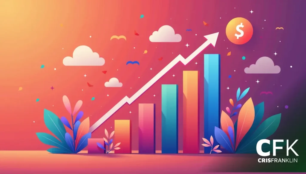 Gráfico de barras colorido e seta para cima contra um céu de pôr do sol com nuvens e pássaros, indicando crescimento ou sucesso financeiro. Logotipos e texto no canto inferior.