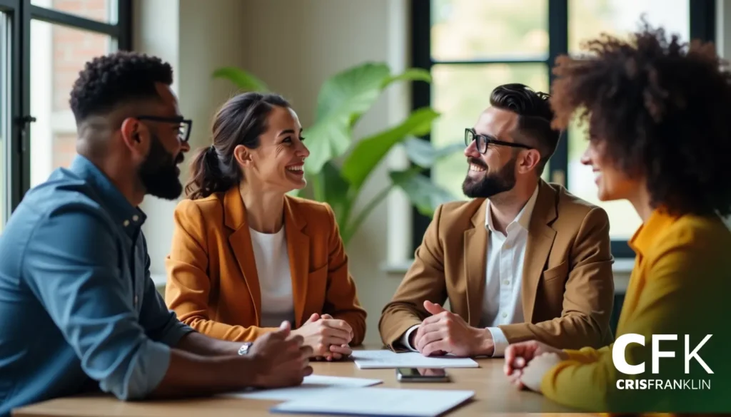 Quatro pessoas em trajes de negócios sentam-se ao redor de uma mesa, envolvidas em uma discussão, com sorrisos. Uma janela e uma planta estão ao fundo.