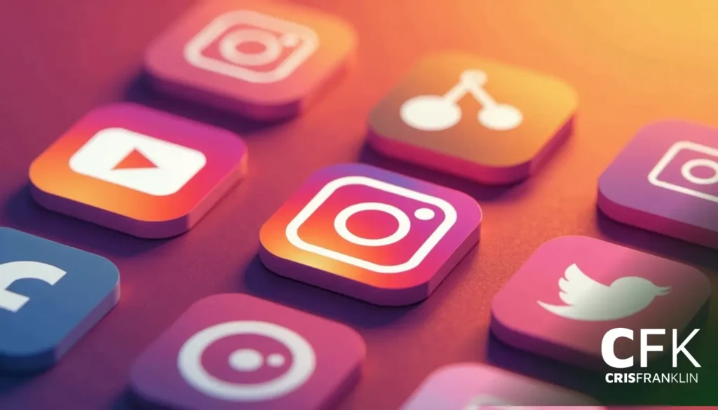 Ícones coloridos de mídia social em 3D, incluindo Instagram, Facebook, YouTube e Twitter, em um fundo gradiente vermelho. Texto "CFK CRISFRANKLIN" em branco no canto inferior direito.