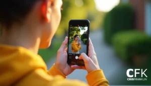 Pessoa com capuz amarelo usa um smartphone para tirar uma foto ao ar livre. A tela exibe a imagem capturada.