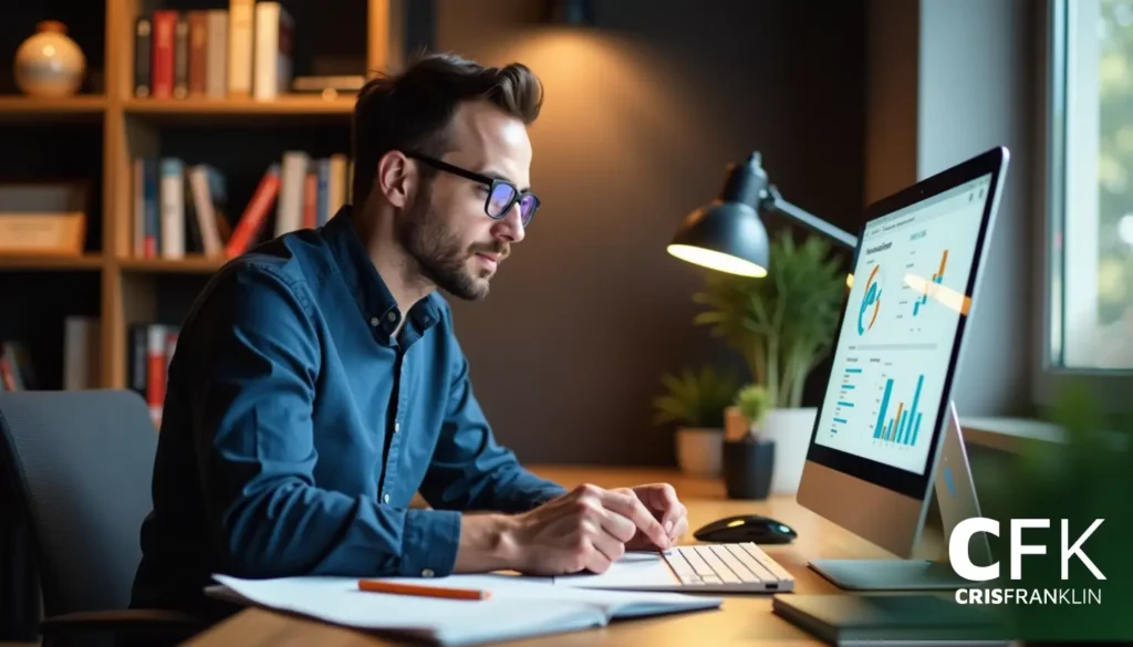 Homem usando óculos focado em analisar gráficos em um computador em uma mesa mal iluminada. Estante de livros e luminária ao fundo.