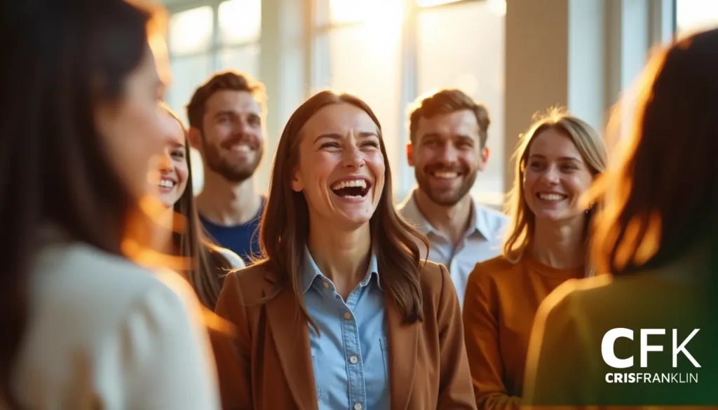 Um grupo de pessoas, incluindo duas mulheres rindo muito, se reuniram em uma sala bem iluminada. A luz do sol entra por grandes janelas ao fundo.