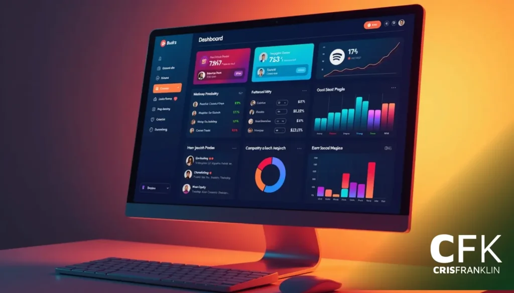 Tela de computador exibindo um painel de análise de dados colorido com gráficos, tabelas e widgets. Iluminação ambiente quente envolve o monitor.