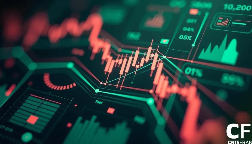Close-up de um gráfico digital do mercado de ações exibindo padrões flutuantes de velas vermelhas e verdes com sobreposições de dados financeiros.