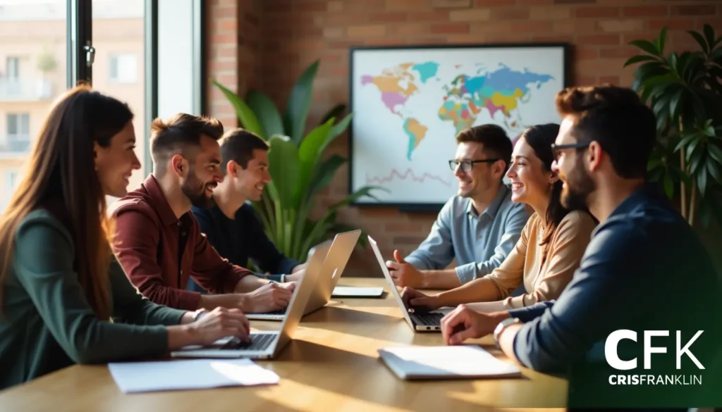 Um grupo de pessoas em uma sala de reunião está sentado ao redor de uma mesa de madeira com laptops. Um mapa-múndi está na parede, e uma grande planta é visível ao fundo.