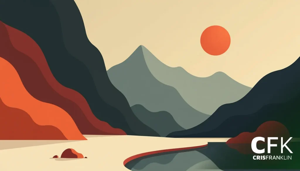 Ilustração de paisagem abstrata com montanhas, um rio e um sol. A paleta inclui tons de verde, laranja e bege. As iniciais "CFK" e "CrisFranklin" aparecem no canto inferior.
