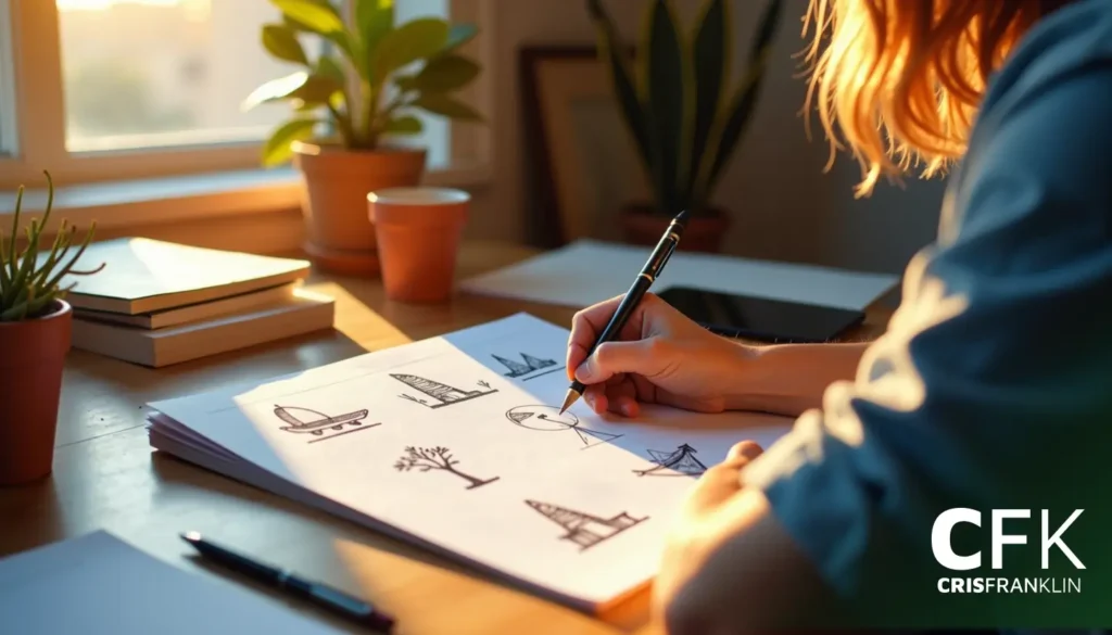 Pessoa desenhando esboços arquitetônicos em uma mesa com plantas e livros ao fundo.