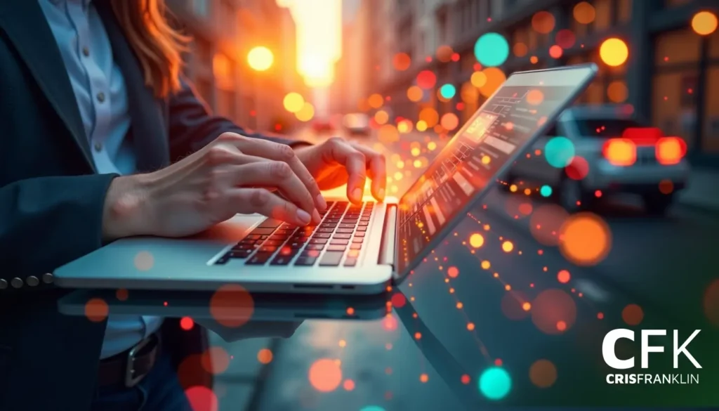 Pessoa digitando em um laptop ao ar livre com efeitos de luz coloridos ao redor.