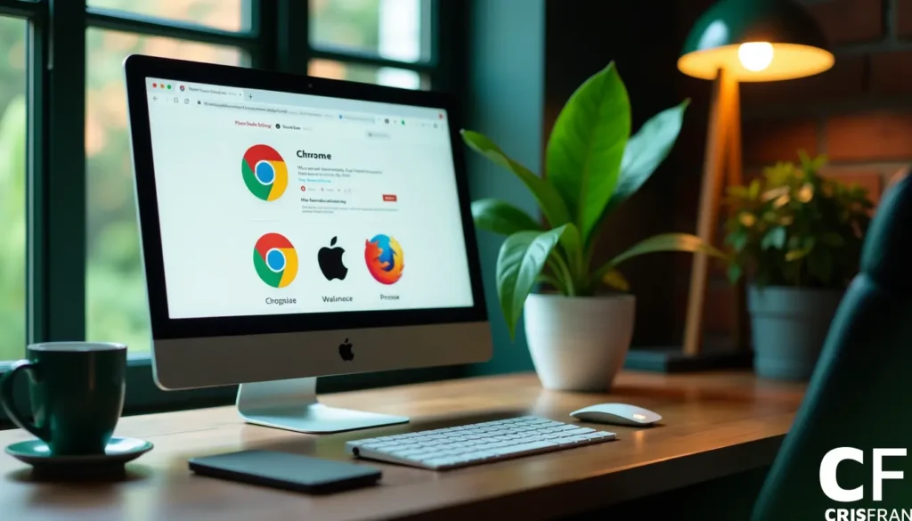 Um monitor de computador em uma mesa de madeira exibe uma página de download do navegador. Um teclado, mouse, smartphone, luminária e planta em vaso estão dispostos próximos.