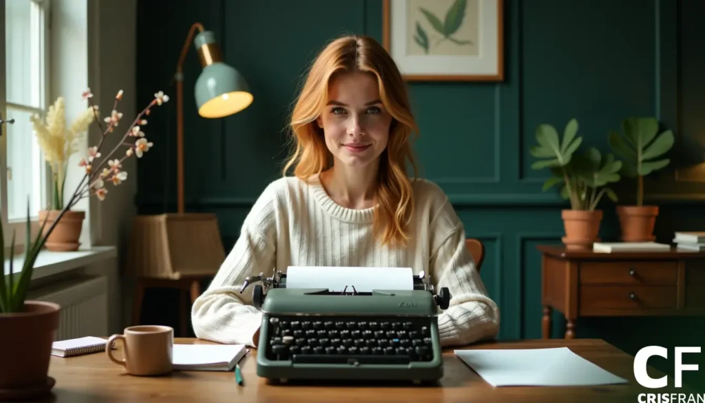 Uma pessoa com cabelo vermelho está sentada em uma mesa com uma máquina de escrever, cercada por papéis, uma caneca e plantas de interior. Há uma luminária na mesa, e há uma arte emoldurada na parede verde-escura.