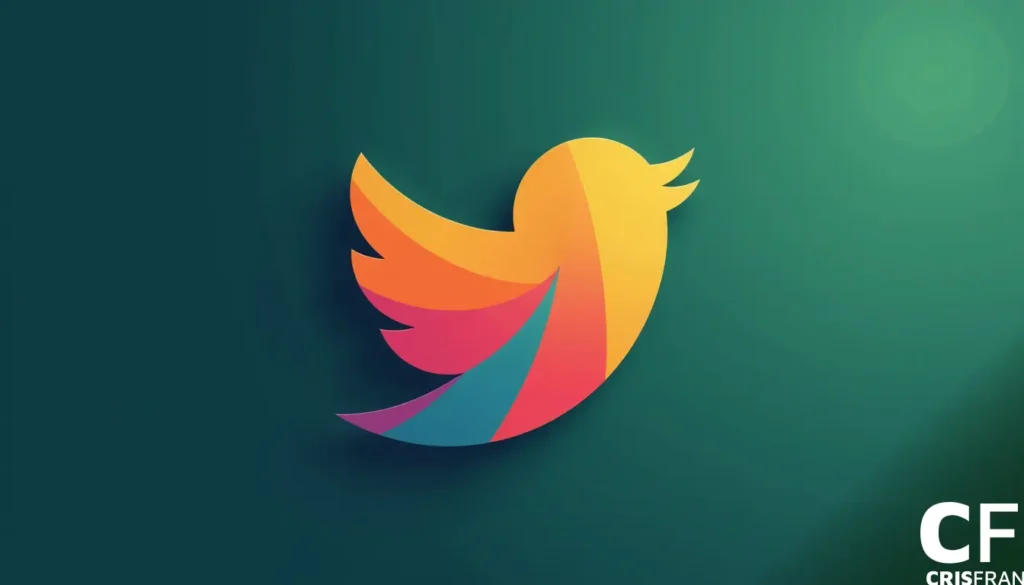 Logotipo de pássaro colorido e abstrato com tons de laranja, amarelo, rosa e azul em um fundo gradiente verde.