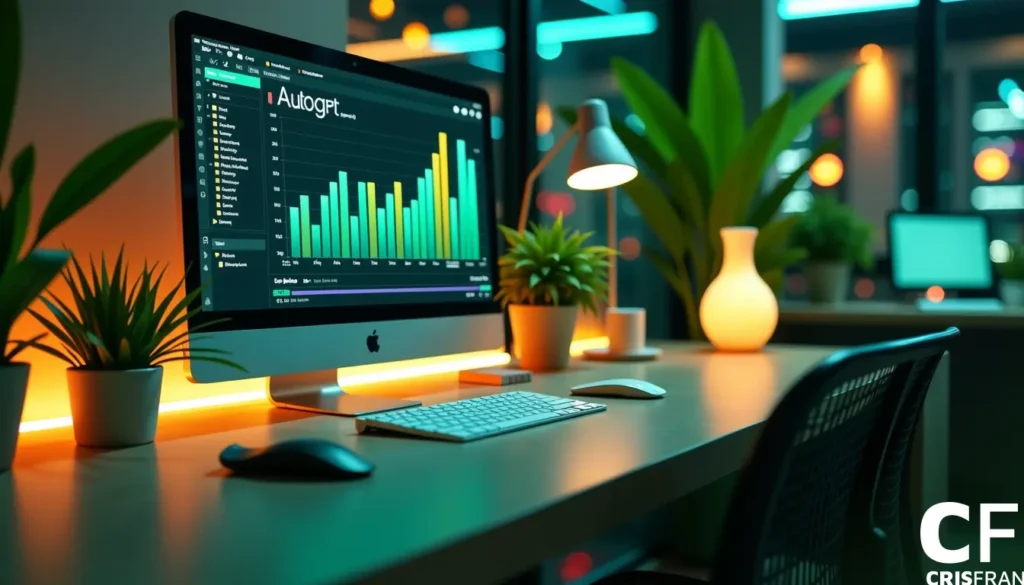 Uma mesa moderna com um iMac exibindo gráficos de dados, teclado, mouse, plantas em vasos e uma luminária brilhante.