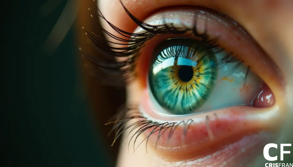 Close de um olho humano com tons de verde e amarelo, cercado por cílios longos, refletindo luz.