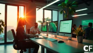 Uma pessoa trabalha em um computador em um escritório moderno com janelas grandes. A luz do sol entra. Vários monitores exibem vários gráficos e dados. Outras pessoas estão reunidas em uma mesa ao fundo.