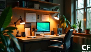 Uma configuração de home office com um computador em uma mesa de madeira, ladeado por luminárias de mesa e alto-falantes. Prateleiras acima guardam livros e decoração. O espaço é decorado com plantas e iluminado de forma aconchegante.