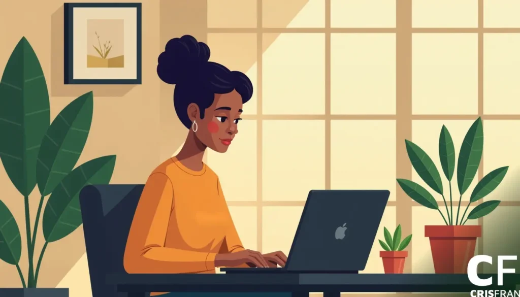 Mulher com um suéter laranja trabalha em um laptop em uma mesa perto de plantas, com a luz do sol entrando por uma grande janela.