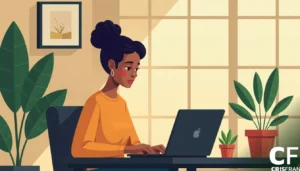 Mulher com um suéter laranja trabalha em um laptop em uma mesa perto de plantas, com a luz do sol entrando por uma grande janela.