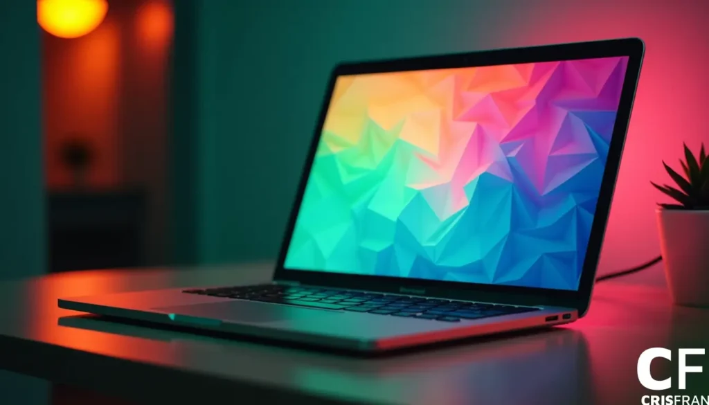 Laptop sobre uma mesa exibindo um padrão geométrico colorido na tela, com iluminação ambiente em tons de laranja e verde.