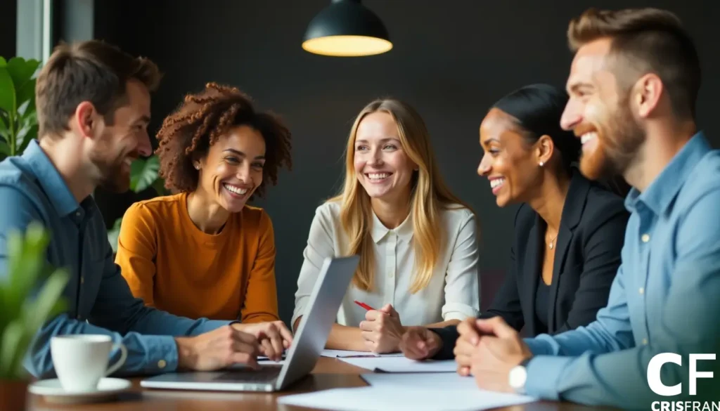 Cinco pessoas estão sentadas ao redor de uma mesa em um escritório, sorrindo e envolvidas em uma discussão. Um laptop e papéis estão sobre a mesa.