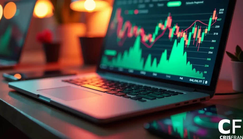 Um laptop sobre uma mesa exibe um gráfico com linhas vermelhas e verdes subindo e descendo, indicando dados financeiros ou de ações. Um smartphone e um fundo desfocado são visíveis.