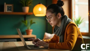 Uma pessoa usando óculos e um cachecol está sentada em uma mesa de madeira, usando um laptop. Uma luminária quente e plantas estão ao fundo.