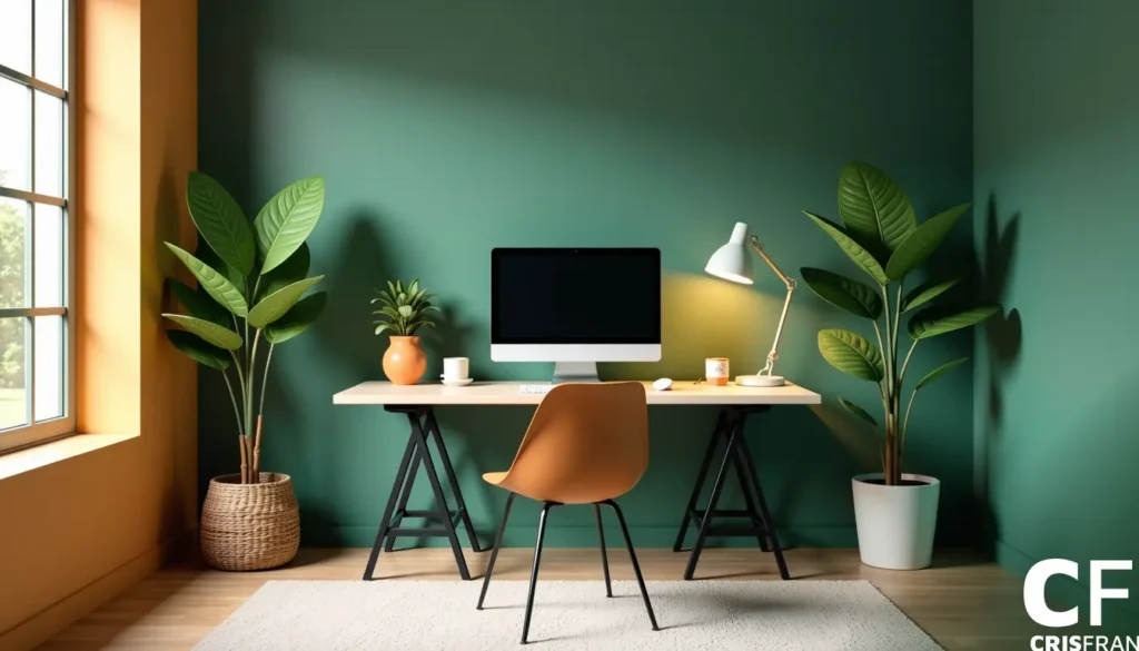 Um home office arrumado com uma mesa com um computador, uma luminária e uma planta. Uma cadeira bege está posicionada na frente, com plantas em vasos em ambos os lados contra uma parede verde. Luz natural da esquerda.