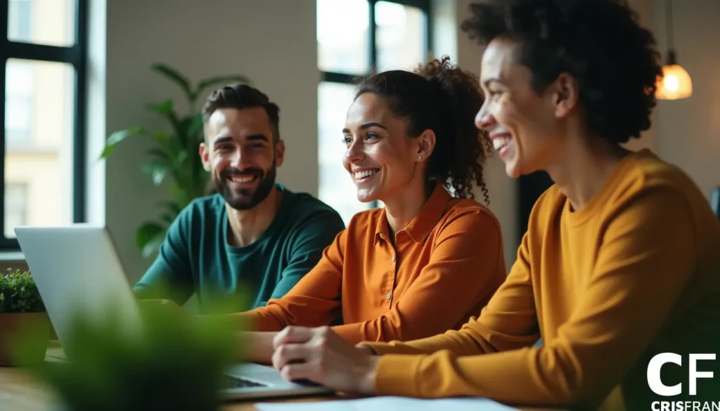 Três pessoas sentam-se à mesa, sorrindo e olhando para uma tela de laptop. Elas estão vestidas com trajes casuais, e uma pequena planta é visível no primeiro plano.