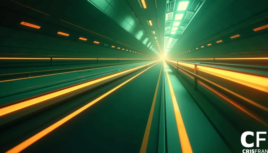 Túnel futurista com linhas de luz amarelas e laranja brilhantes convergindo em direção a um ponto brilhante no centro.