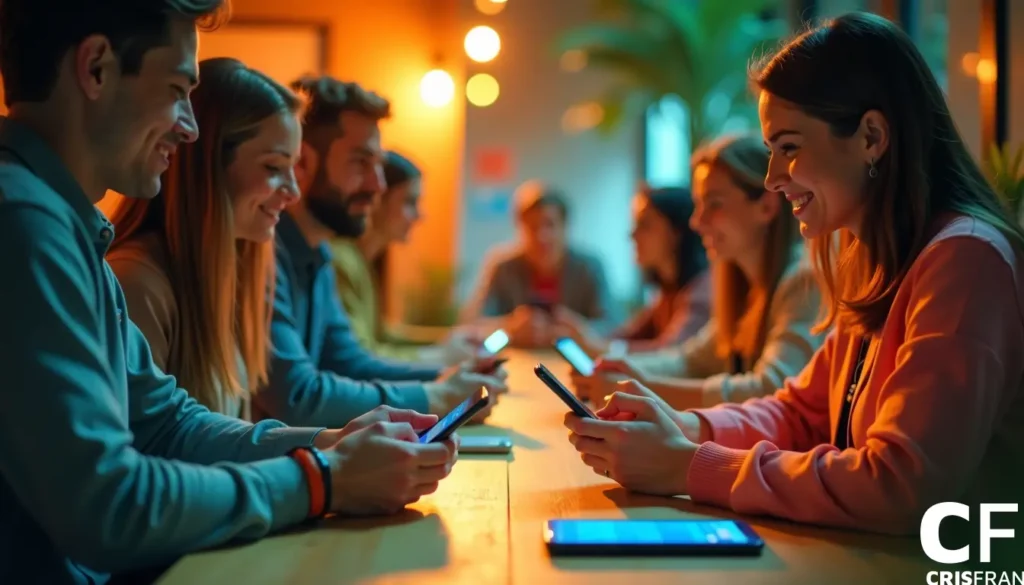 Um grupo de pessoas sentadas em uma mesa longa, cada uma usando um smartphone, com um tablet sobre a mesa, em uma sala bem iluminada.