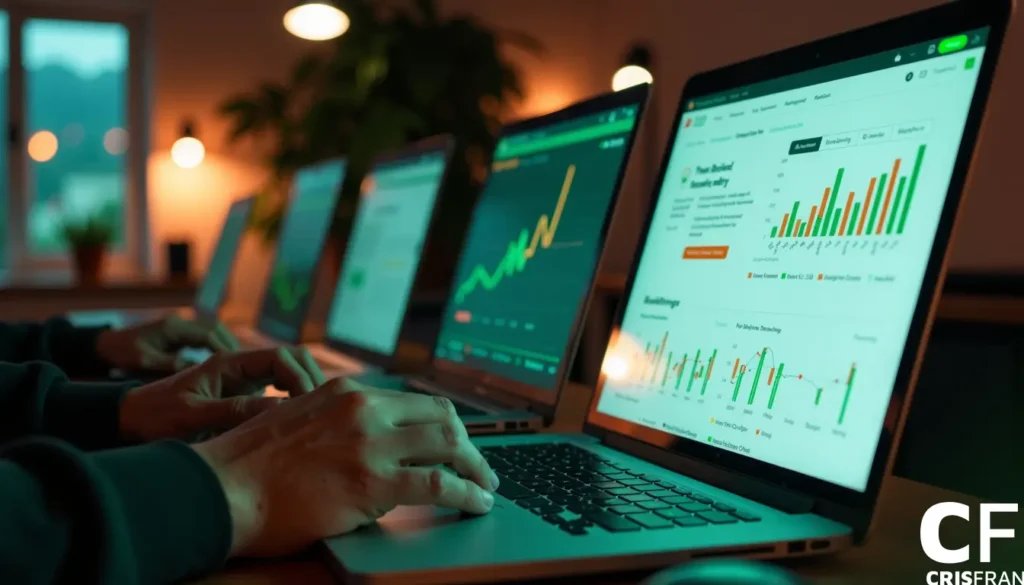 Fileira de laptops exibindo gráficos e tabelas financeiras em telas, com mãos digitando em um teclado. Sala mal iluminada com iluminação quente ao fundo.