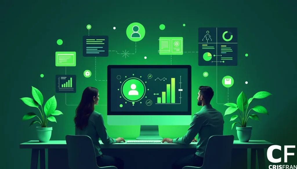 Duas pessoas estão sentadas em uma mesa visualizando dados e gráficos em um monitor de computador, cercadas por vários ícones de dados em uma sala com tema verde.
