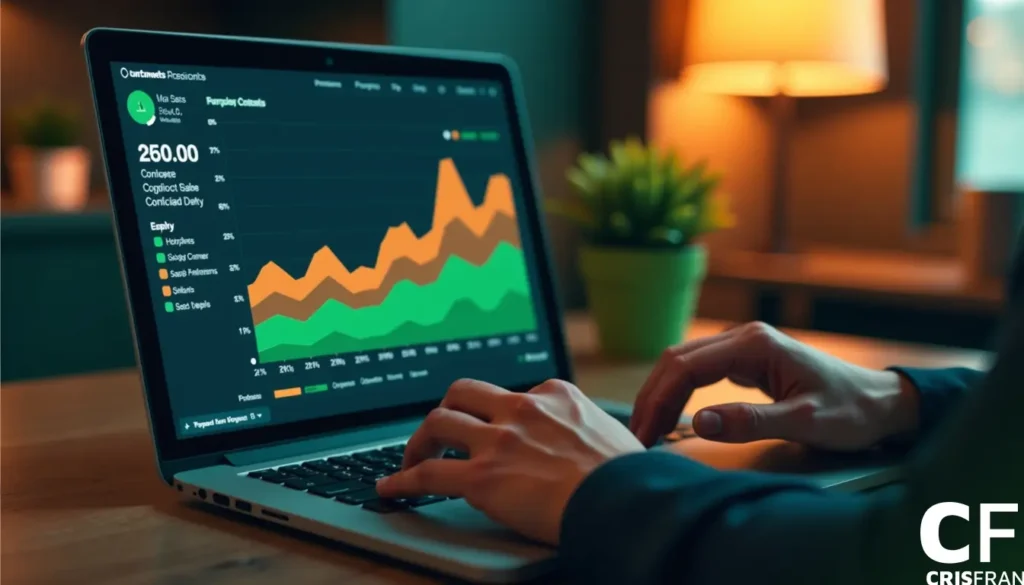 Pessoa digitando em um laptop exibindo um gráfico de linhas colorido com diversas categorias de dados em uma sala com pouca iluminação.
