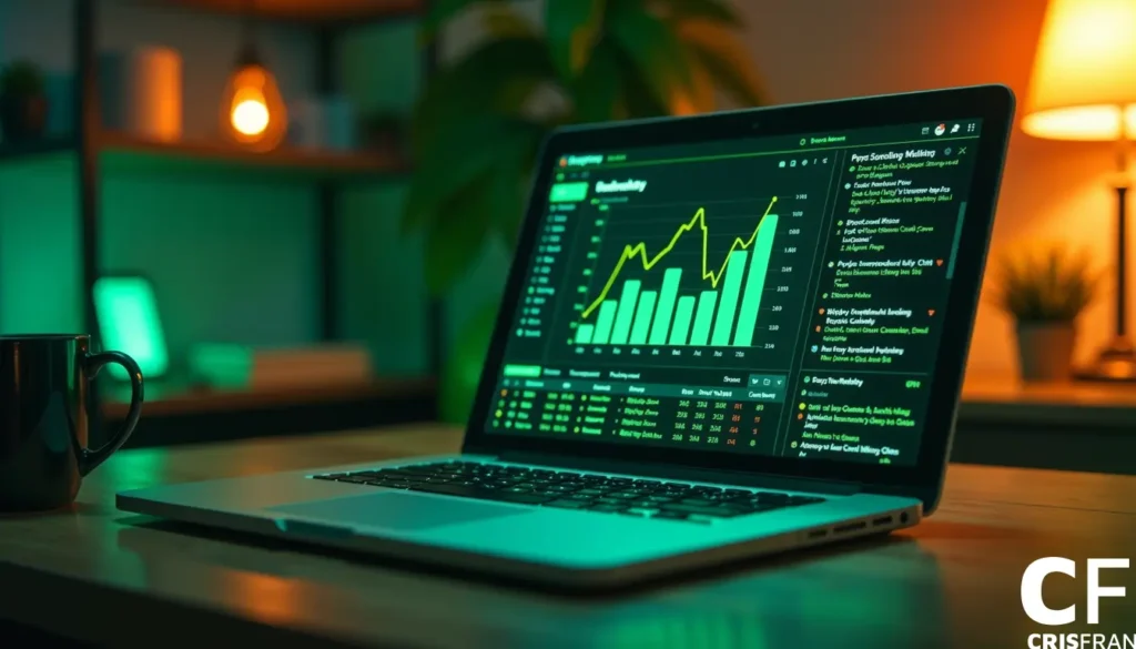 Laptop sobre a mesa exibindo gráficos e dados do mercado de ações.