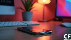 Um smartphone repousa sobre uma mesa de madeira ao lado de um teclado. Uma luminária de mesa projeta luz quente sobre uma planta e um monitor de computador ao fundo.