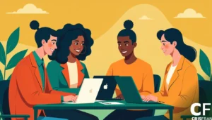 Quatro pessoas sentam-se ao redor de uma mesa com laptops, envolvidas em uma conversa. O cenário é brilhante com um fundo amarelo e desenhos minimalistas de plantas.