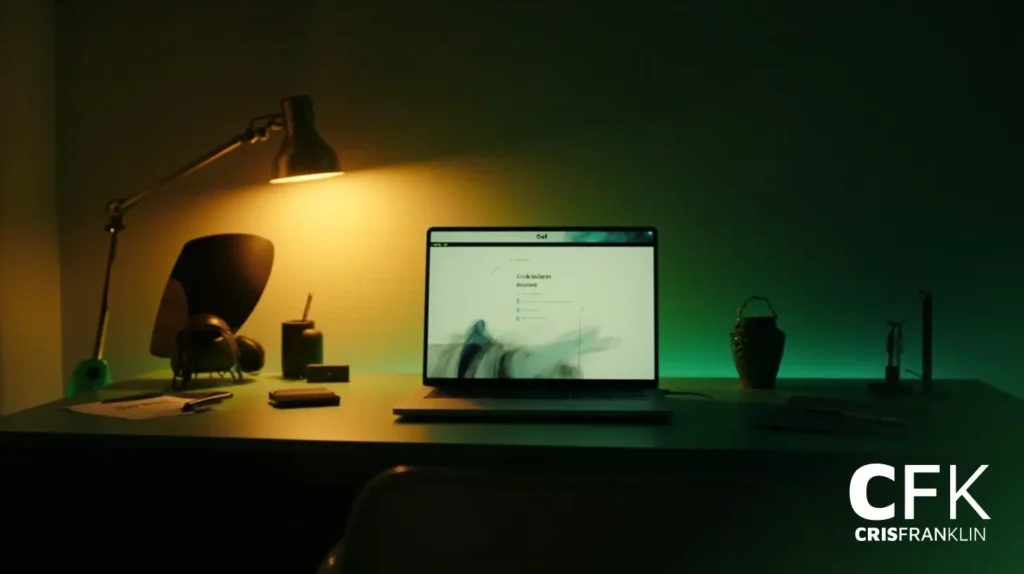 Uma mesa mal iluminada com um laptop, luminária, telefone e vários itens; a tela exibe um site e a sala tem iluminação verde e amarela. Logotipo "CFK CRISFRANKLIN" no canto inferior direito.