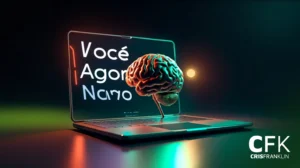 Um cérebro flutua sobre um teclado de laptop com as palavras "Você Agora Nano" na tela; o logotipo "CFK CRIS FRANKLIN" é visível no canto inferior direito.